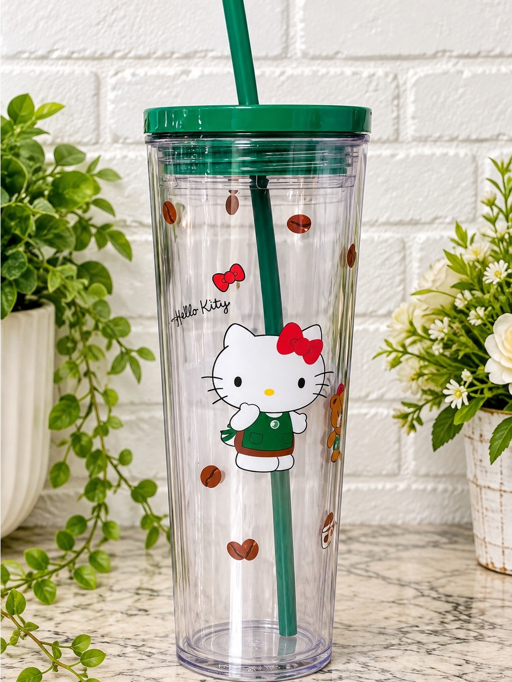 Starbucks Hello Kitty Clear Tumbler with Green Lid & Straw